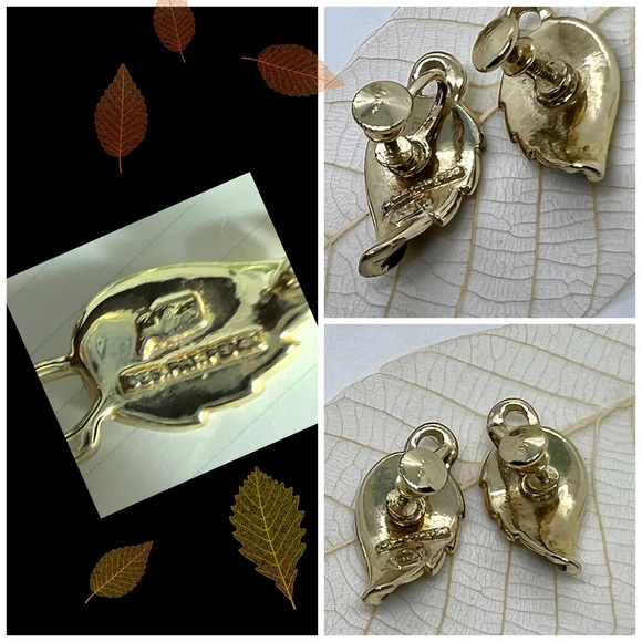 Vintage Coro Parure Set Goldtone Black & Cream Leaf Design Bracelet & Earrings - Picture 3 of 6